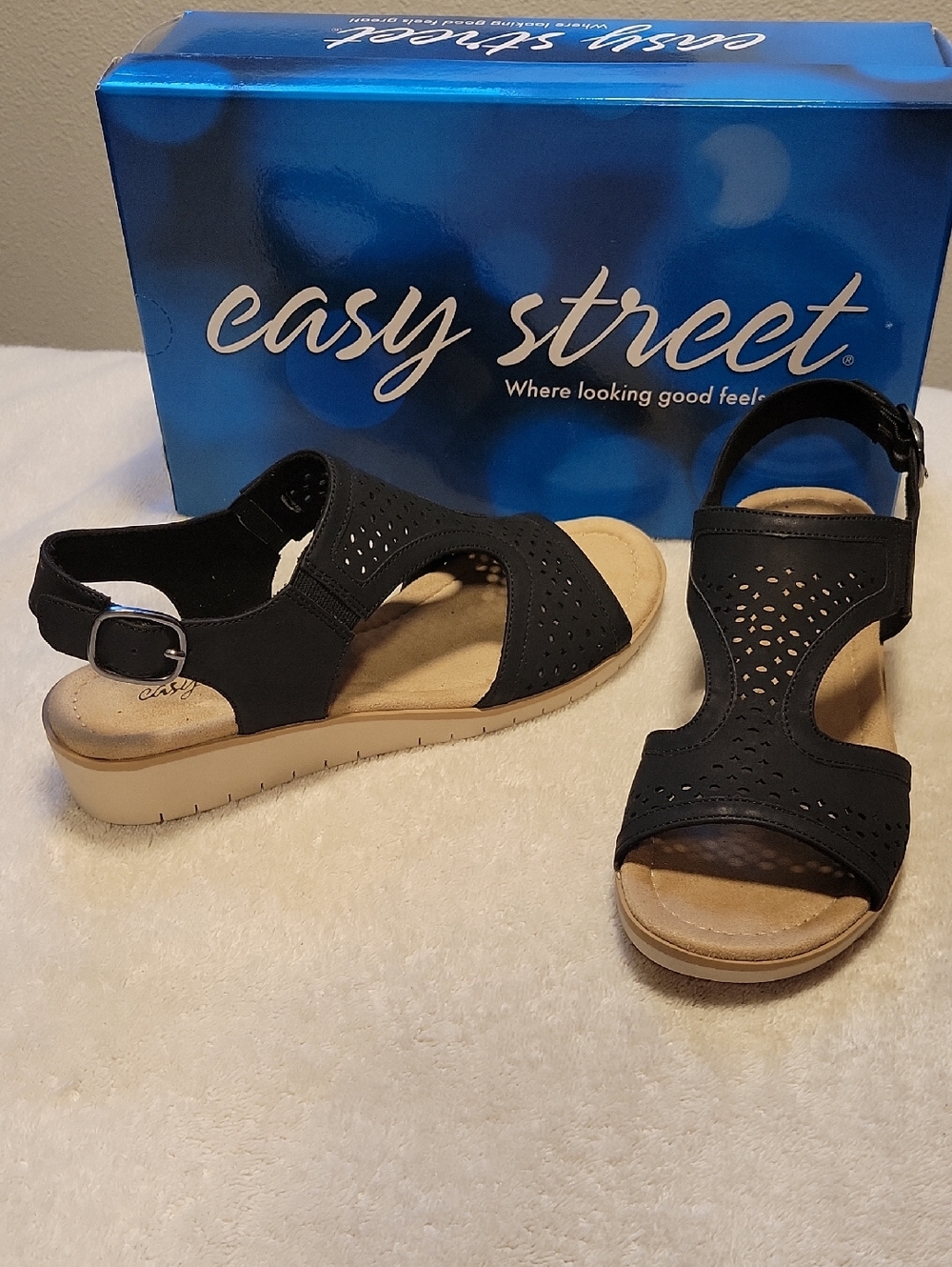 Easy street "Alba" Black Perforated Comfort Wedge Sandals, NIB